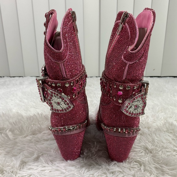 CLUB EXX Pink Sheriff Shine Rhinestone Cowboy Boots Ankle Booties Heeled Size 8 - Picture 4 of 13